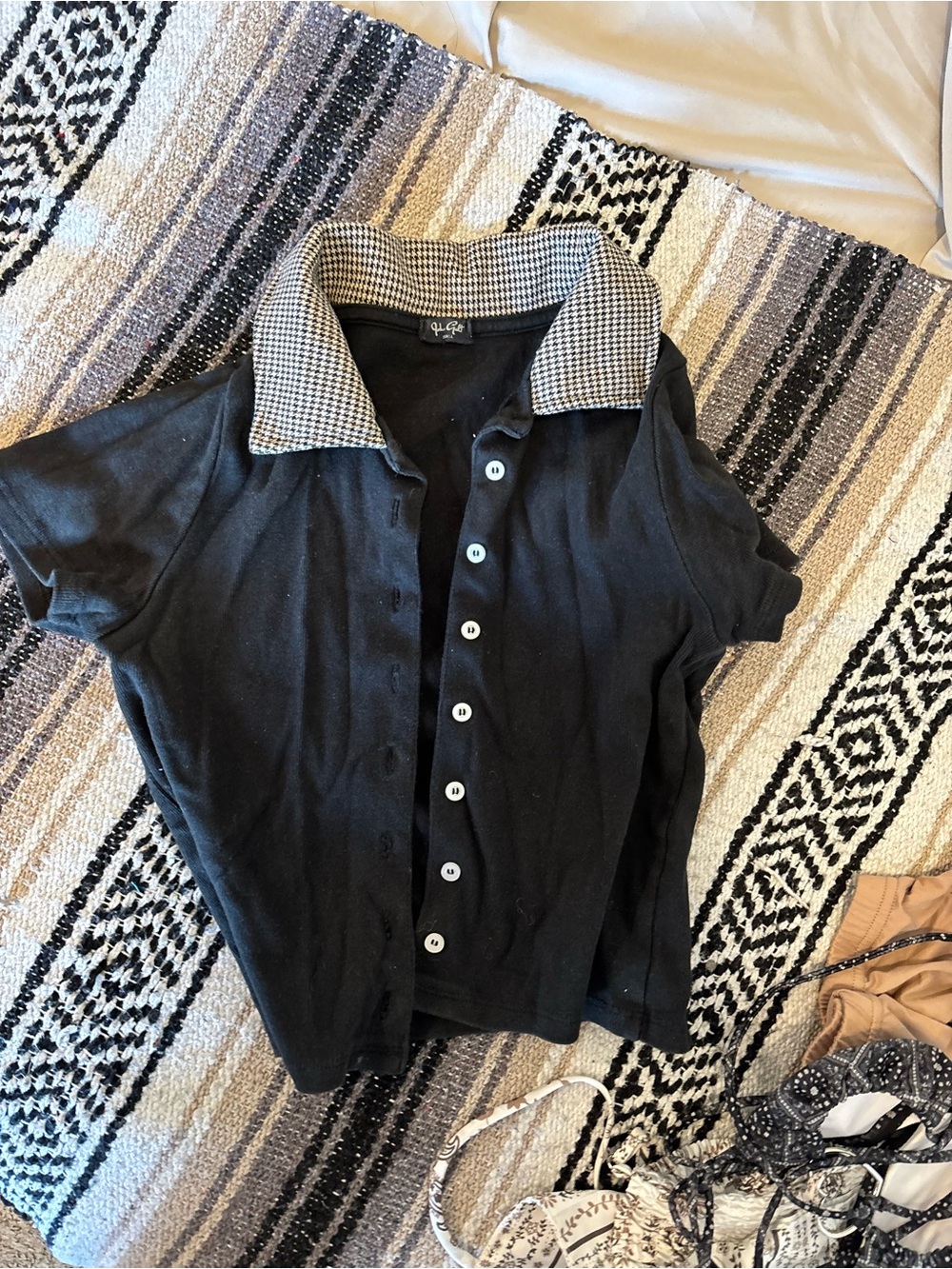 Brandy Melville Black Button-Down Shirt with Checked Collar